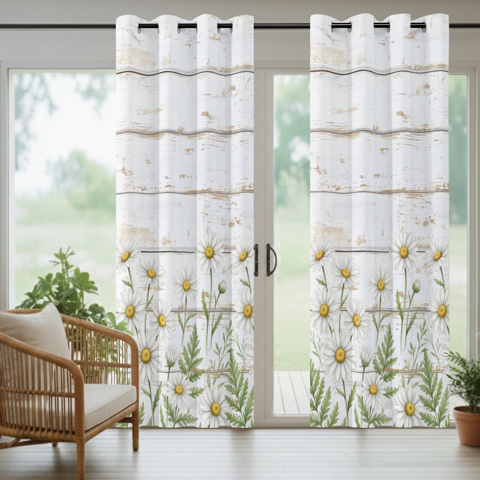 Spring Daisy Outdoor Curtains for Patio, Rustic Wildflower White Wood Striped Botanical Sunshade Privacy Drapes Grommet Waterproof Outside Curtains for Porch/Cabana/Balcony 54"x 108", 1 Panel
