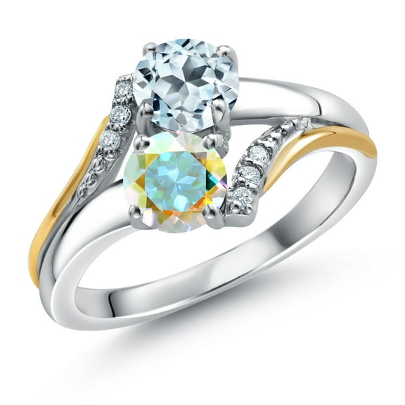 10K Yellow Gold and 925 Silver Mercury Mist Mystic Topaz and Sky Blue Topaz and White Lab Grown Diamond Accent Engagement Ring for Women (1.28 Cttw, Gemstone November Birthstone, Round 5MM, Size 5)