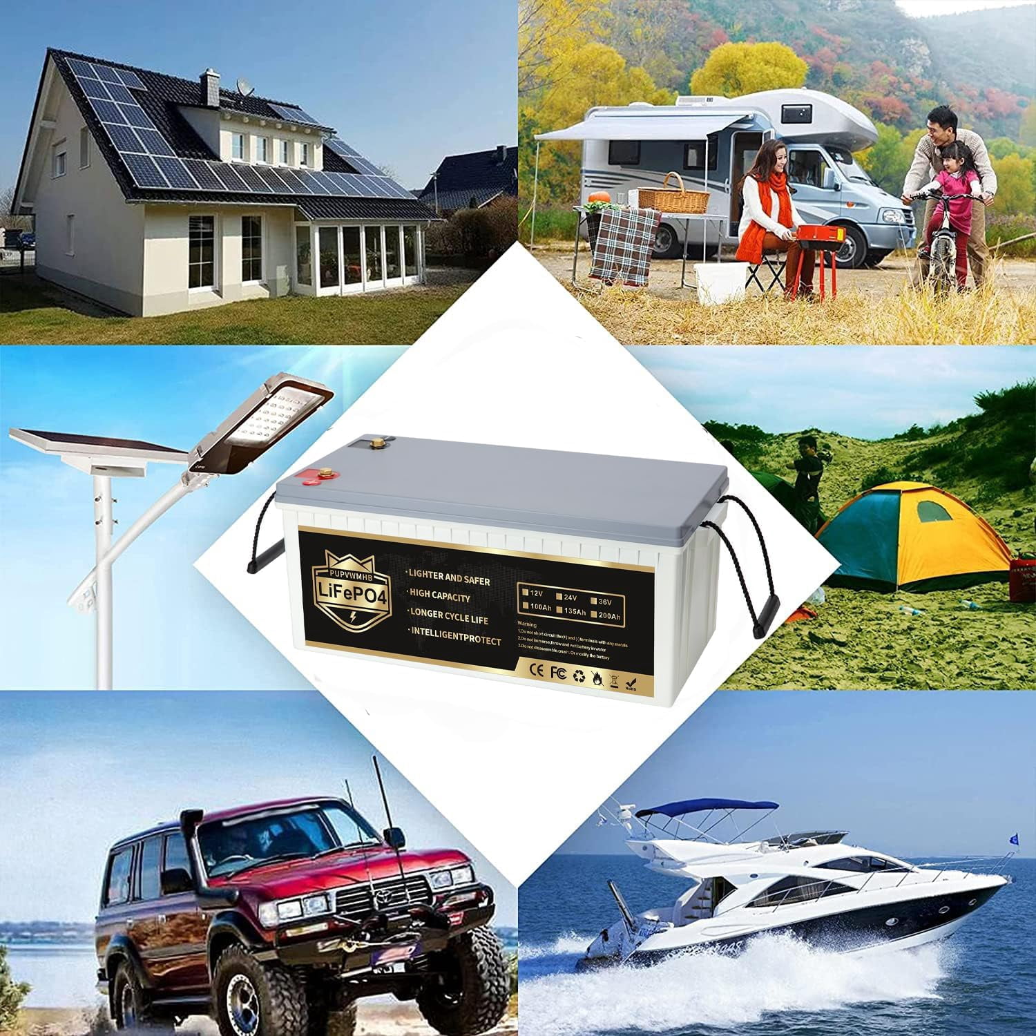 12V200Ah Bluetooth LiFePO4 Lithium Battery, Built-in 200A BMS, Max.2560W Load Power,10 Years Lifetime 8000  Cycles Deep Cycle Battery for Trolling Motor, RV Camping, Off-grid Application