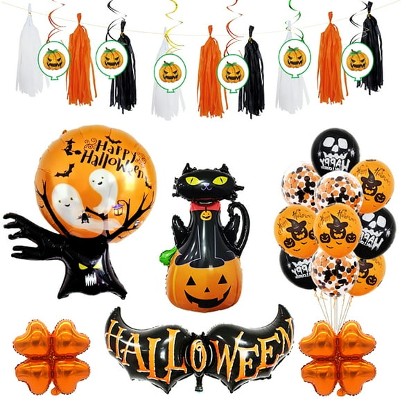 Ensemble de Ballons d'Halloween Décoratifs, Ballons de Fête Suspendus, Bannière à Pompons en Tourbillon