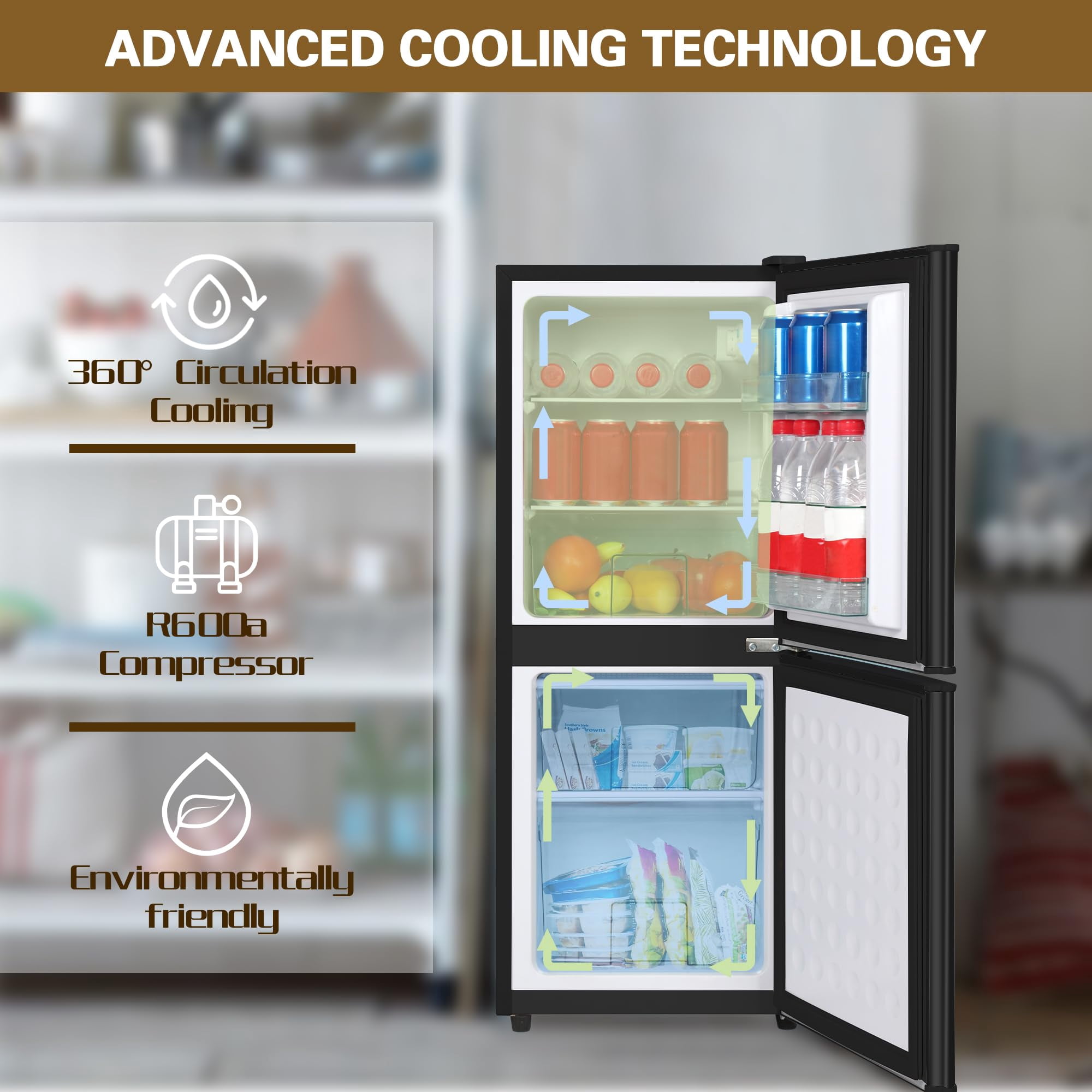 4.2 Cu.Ft Small Fridge with Freezer, 7 Level Adjustable Thermostat, 2 Door Design, Removable Glass Shelves, Quiet 38dB Energy Saving for Dorm Office Kitchen, Black