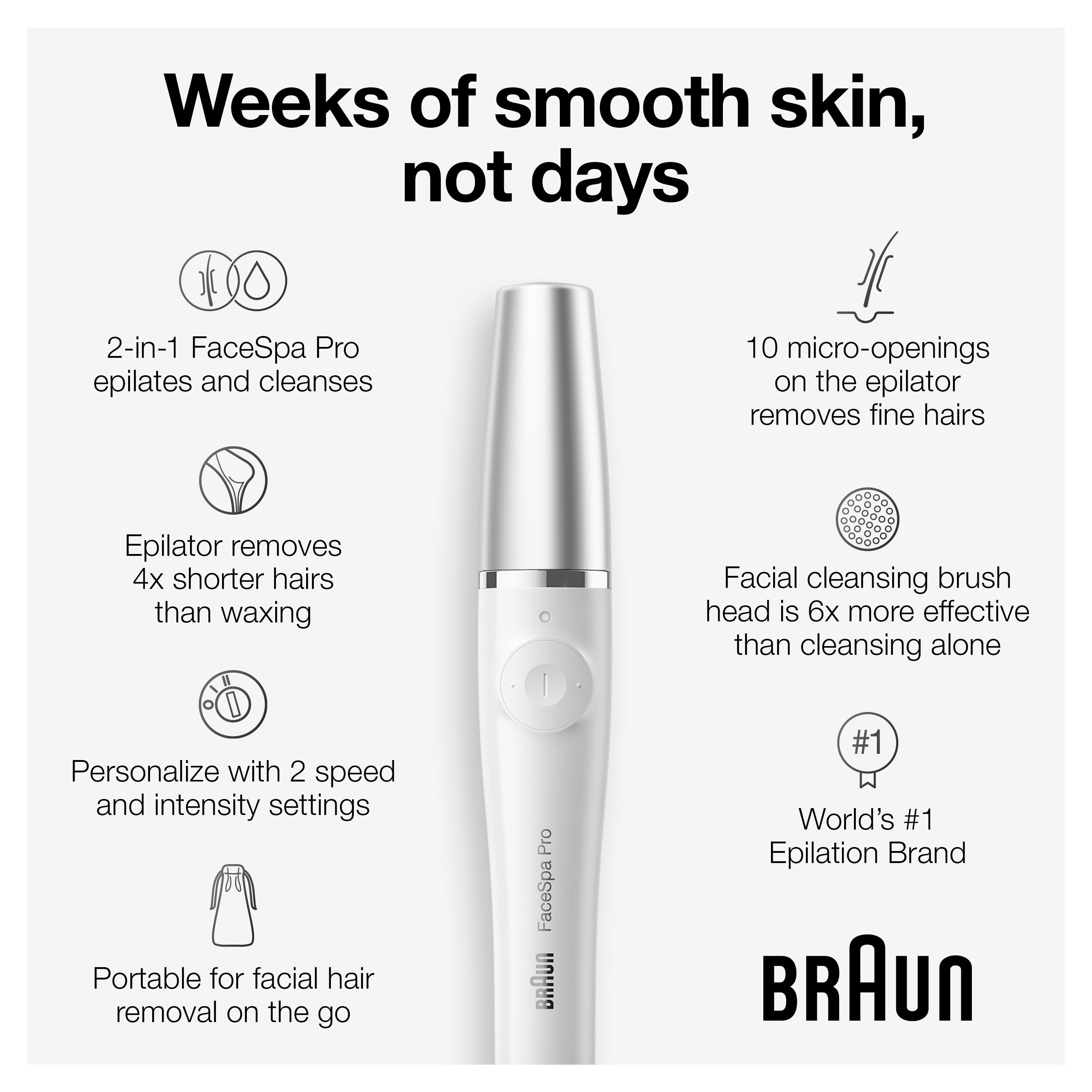 Braun FaceSpa Pro 910 Facial Epilator for Women with 1 Extra, White/Silver