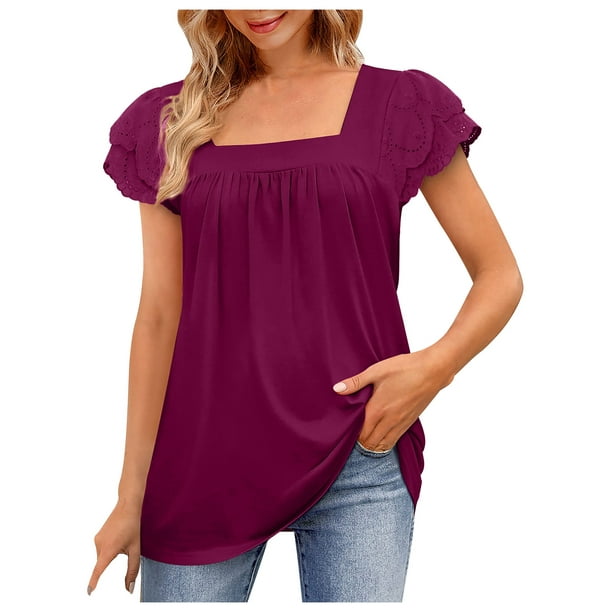 Summer Tops for Women Casual Square-Neck Solid Color Double-Layer Lace  Short Sleeve T-shirt Womens Tops Dressy Blouse