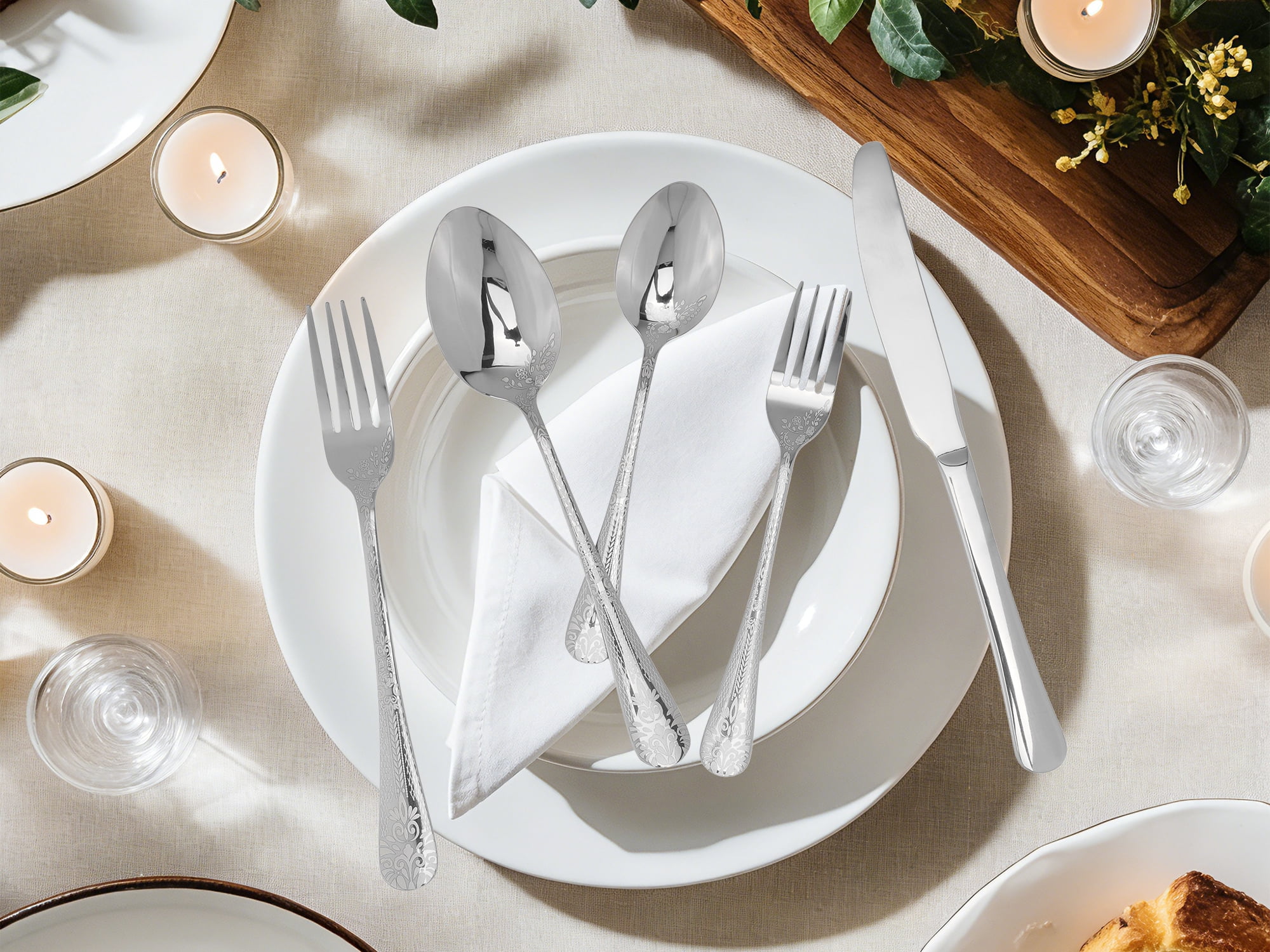 Unique Bargains 20 Piece Floral Stainless Steel Flatware Set for 4 Modern Cutlery Silver