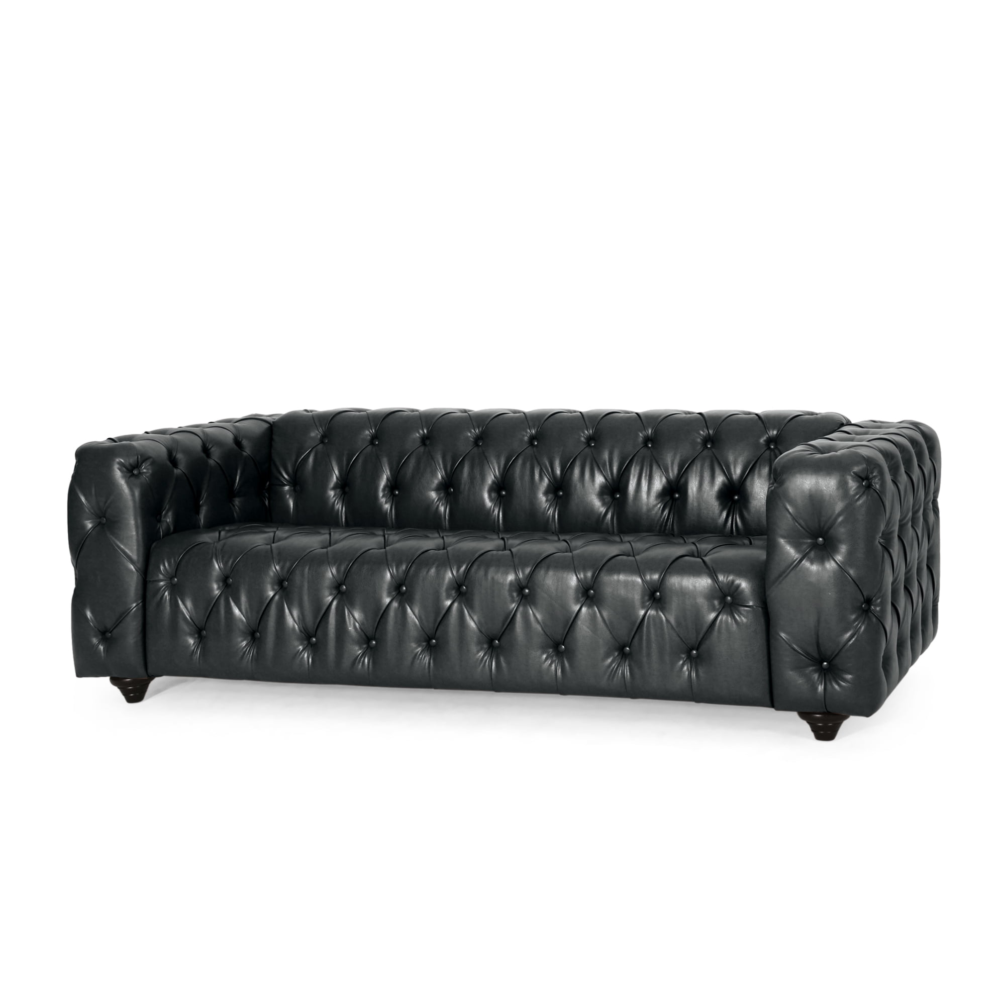Noble House Feichko Faux Leather Tufted 3 Seater Sofa Midnight Black