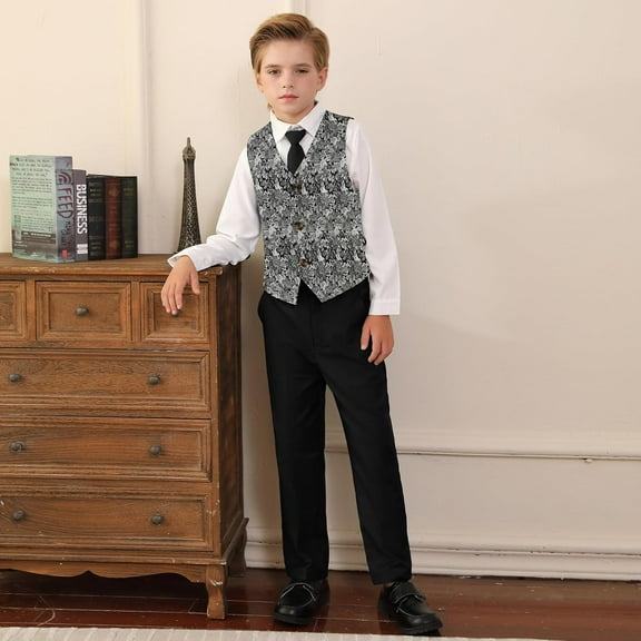 SANMIO Boys Suit 4 Piece Slim Fit Boys Suits Jacket Vest Pants Tie for Kids Suits Sets Boy Formal Tuxedo Set