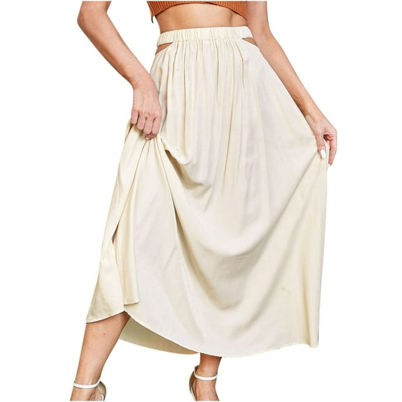 Dvprdro Women's Fashion Hollowed Out Long Skirts Summer Casual High Waist Solid Flowy A Line Maxi Skirt Beige Sizes S