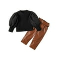 thumbnail image 2 of Odeerbi Toddler Girls Cotton Outfits Fashion Warm Knit Puff Sleeve Top Straight PU Leather Pants Set Black 3-4 Years, 2 of 6