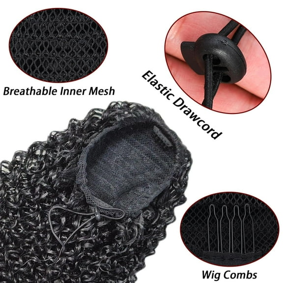FGERFE-Kinky Curly Drawstring Ponytail Extension for Black Women - Human Hair Feel, Natural Texture, Easy to Wear, Adjustable Drawstring, Heat Resistant Hair Extensions Ponytail