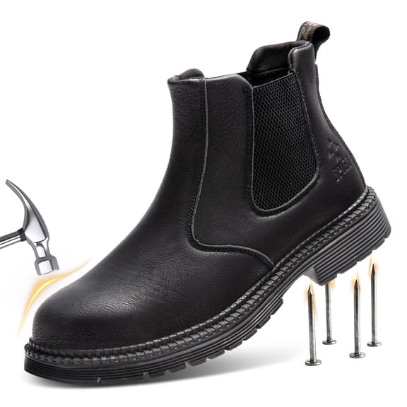 SPIEZ SPIEZ Men's Steel Toe Chelsea Safety Boots, Slip-On Waterproof Work Boots, Puncture-Proof Leather Shoes for Factory|Construction|Outdoor – Black Size 10