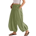 thumbnail image 5 of Wide Leg Pants for Women BWASD Casual Cotton Linen Elastic Waist Baggy Bloomers Pants Large Size Pocket Palazzo Trousers Fashion Beach Vacation 2038 Trendy (Green,M), 5 of 7