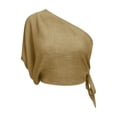 thumbnail image 7 of Women's One Shoulder Tops Short Sleeve Crop Top with Tie Side Textured Breathable Summer Blouse Khaki 2XL, 7 of 7