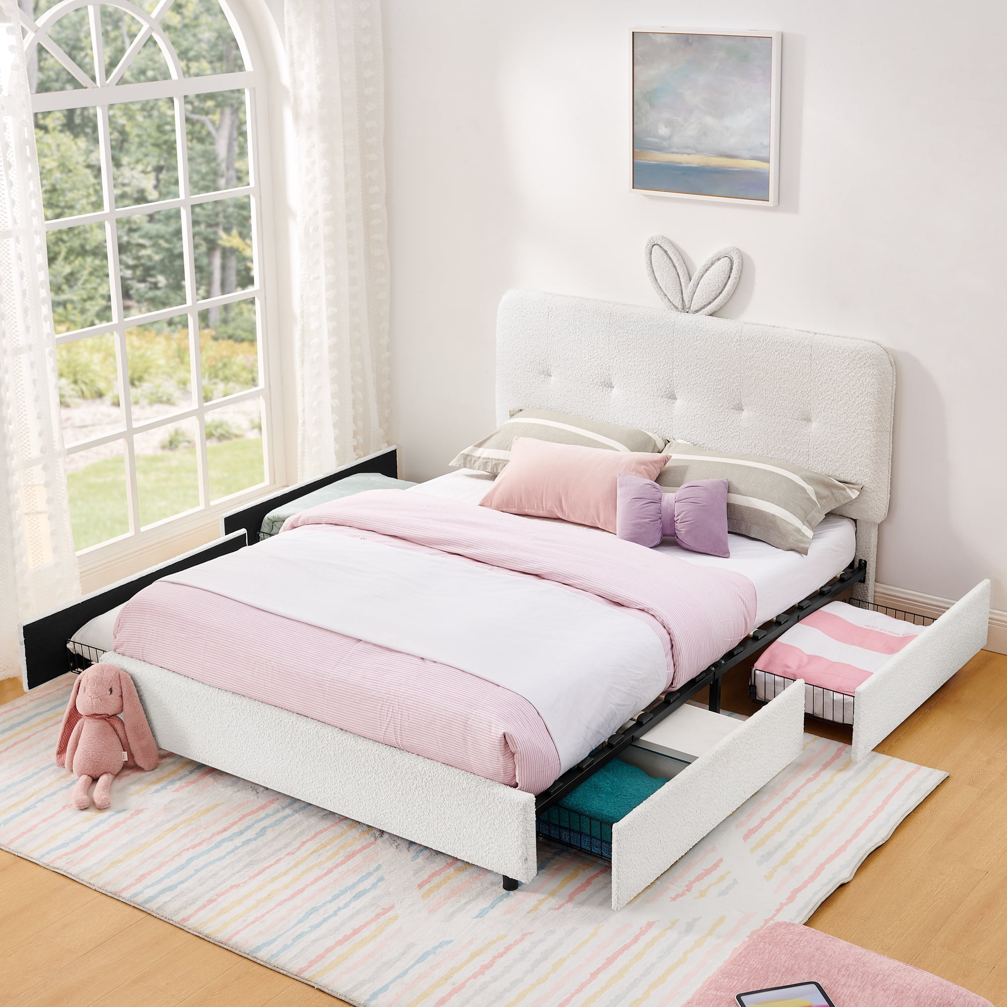 Mintazer Queen Upholstered Kids Bed with Oversized Rabbit Ear Headboard, Boucle Fabric Platform Bed with LED Headboard & 4 Storage Drawers, Beige
