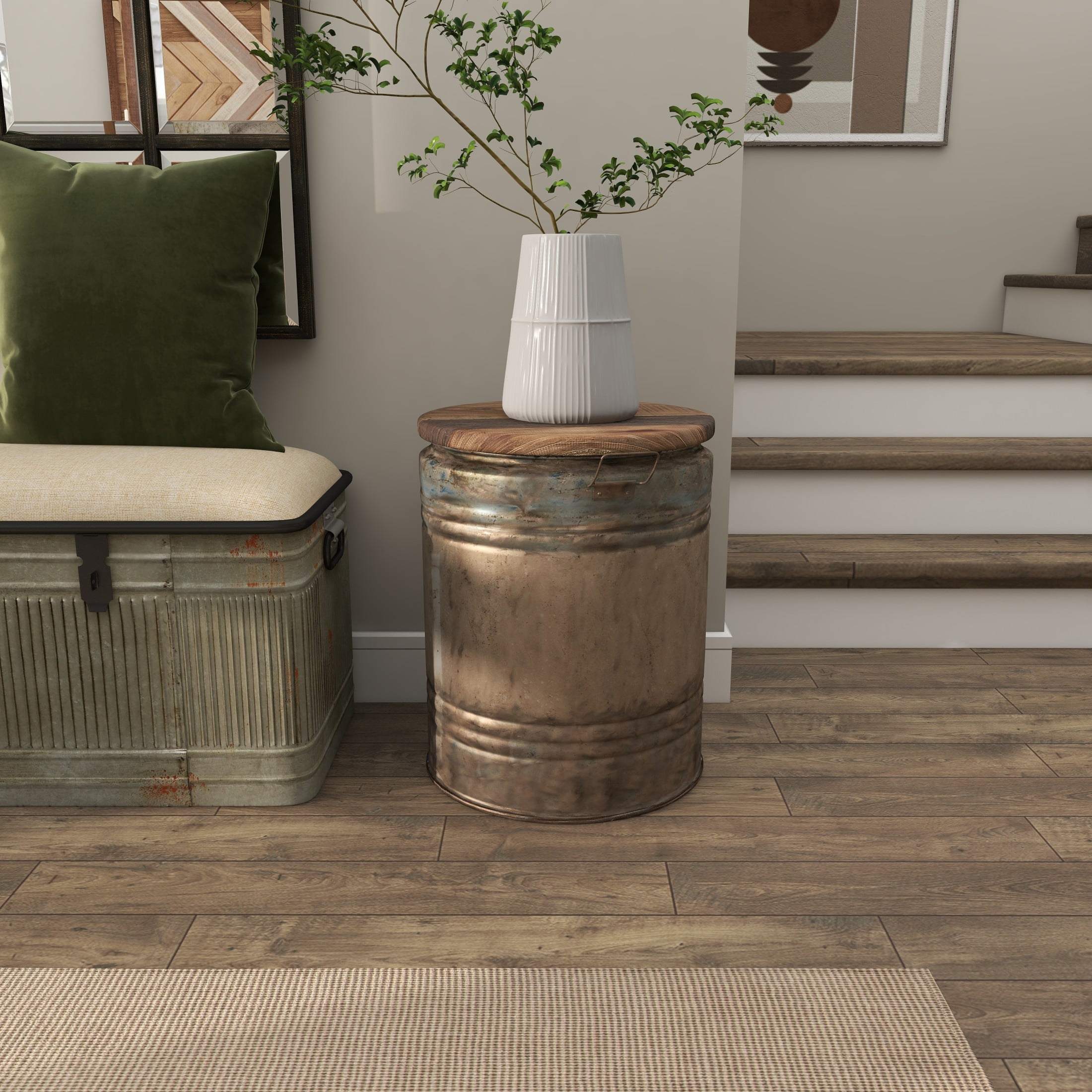 DecMode 16" x 20" Gray Metal Accent Table with Brown Wood Top, 1-Piece