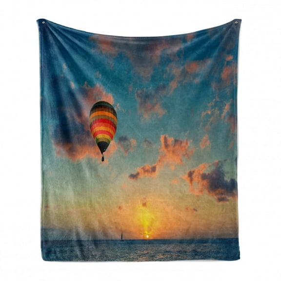 Sunset Soft Flannel Fleece Blanket, Hot Air Balloon on Skyline with Horizon at Sea Background Relax Adventure Scenery, Cozy Plush for Indoor and Outdoor Use, 70" x 90", Blue Yellow, by Ambesonne
