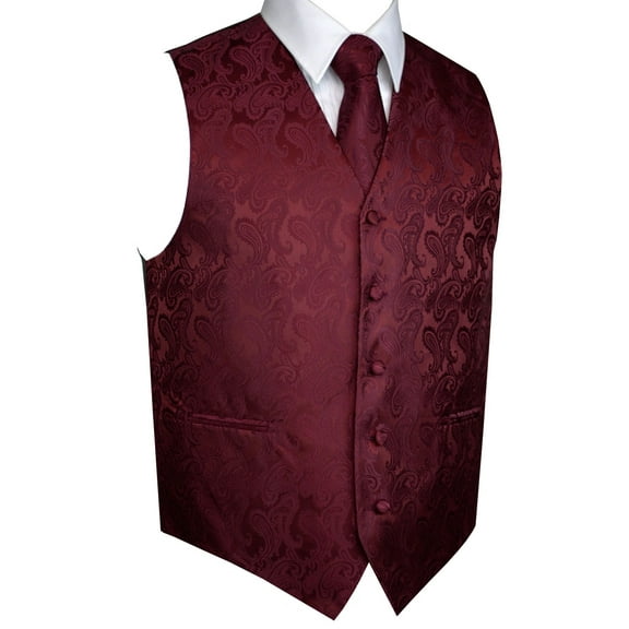 Men's Formal, Prom, Wedding, Tuxedo Vest, Tie & Hankie Set in Burgundy Paisley - XL