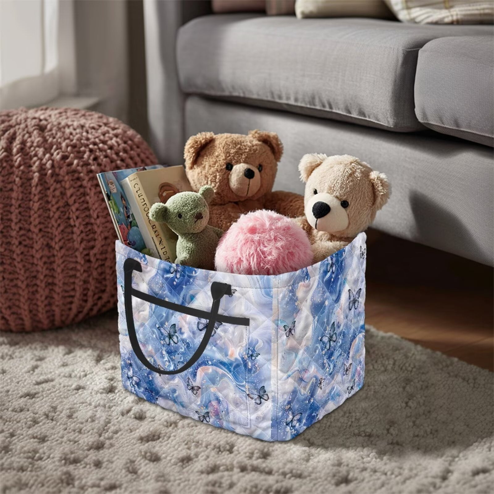 Yuyamidu Blue Marble Butterfly Quilted Laundry Basket with Easy Carry Handles Large Capacity Laundry Basket Nursery Organizer Bin for Home, Picnic, Shopping, Travel