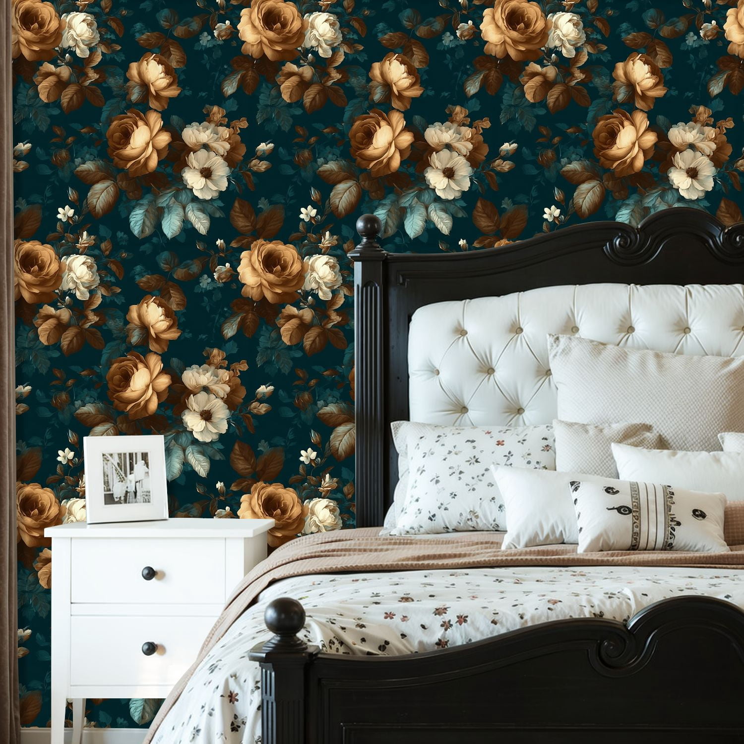 Peel and Stick Wallpaper Floral Rose Vintage Botanical Flowers Dark Teal Wall Mural 23.6in x 9.8ft Self Adhesive Removable Wall Paper Renter Friendly Wallpaper for Nursery Bedroom Cabinets