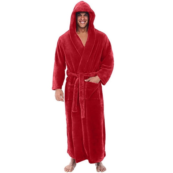 Men's Bathrobe , Plus Size Long Shawl Collar Terry Cloth Robe with Pockets, Soft Absorbent Hotel Style Spa Robe for Lounging and After Shower Red 2XL