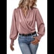 thumbnail image 1 of Camisa Elegante de Color Liso con Escote en V y Mangas Farol para Mujer Rosa L, 1 of 9
