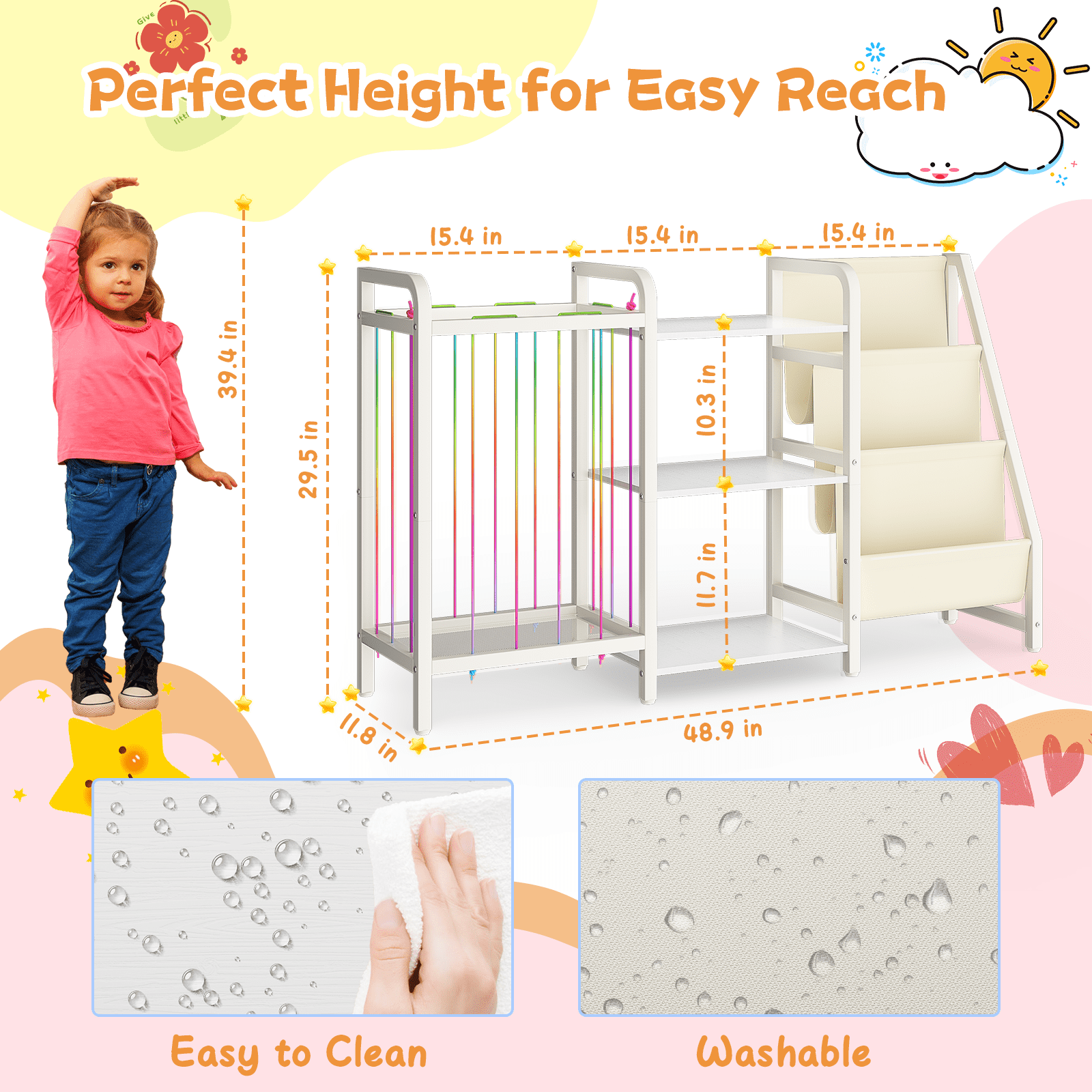 B1 Bookshelf and Toy Storage, 3-Tier Book Shelf for Rooms, Sling Baby Bookcase with Stuffed Animal Storage, Montessori Toddler Bookshelf for Nursery, Bedroom, Playroom Burlywood