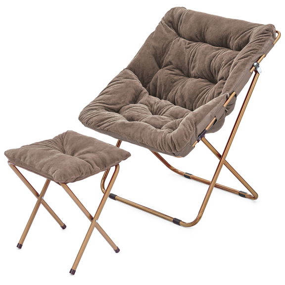 Monibloom Square Folding Faux Fur Saucer Chair with Ottoman for Adults, Comfy Fluffy Reading Chair for Bedroom Living Room Dorm, Beige