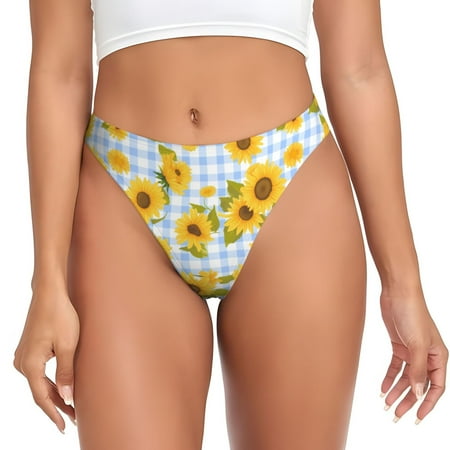 Qokaie Blue White Plaid Sunflower Printed Women s Cotton Thong Underwear  Sexy Breathable Panties G-string-XX-Large