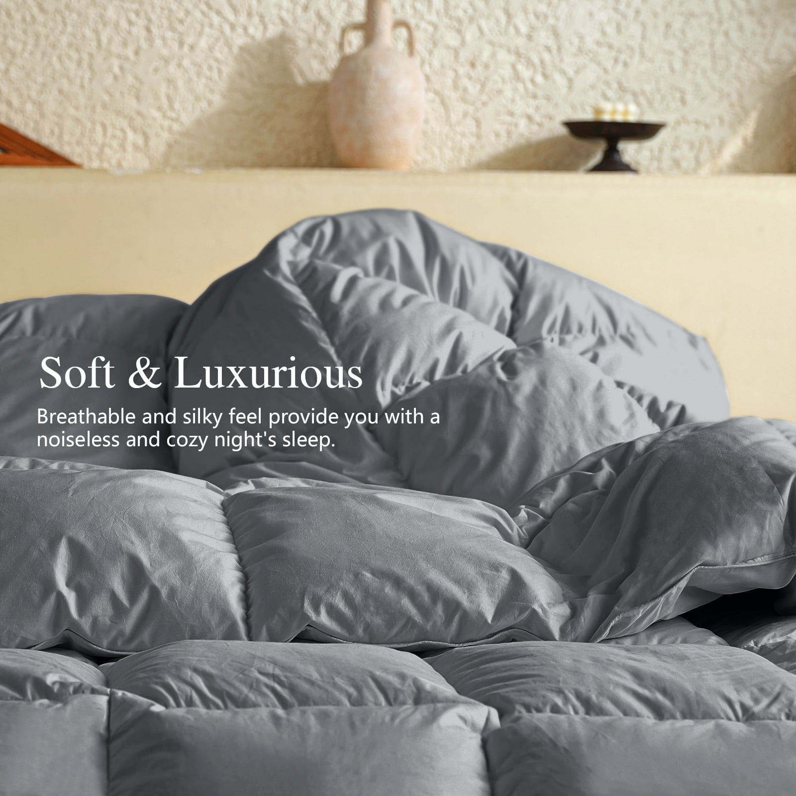 Teler Goose Down Comforter King Size, Extra Fluffy White Duvet Insert, Ultra-Soft, Breathable , All Season Hotel Luxury Bedding Comforters, 4 Corner & Center Loops , Dark Gray