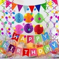 thumbnail image 5 of PEACNNG Multi Color Happy Birthday Banner Black Gold Foil Flag with Swirl Paper Bunting Pom Poms for Birthday Party Decorations, 5 of 5