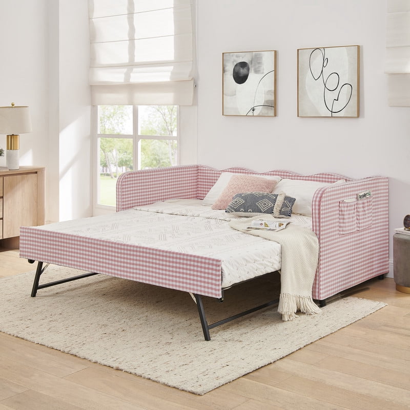 Twin Size Upholstery Daybed with Trundle, Twin to King Design Adorable Wave Shaped Extendable Gingham Sofa Bed for Living Room Bedroom, No Box Spring Required