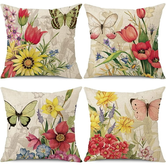 wyooxoo Throw Pillow Covers 20x20 Set of 4 Decorative Spring Pillow Covers Linen Flower Butterfly Farmhouse Pillowcases for Sofa Couch Living Room Outdoor