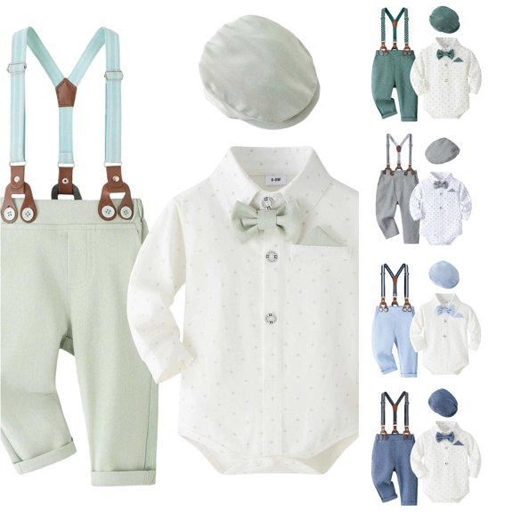 Krdevn Baby Boys 4 Piece formal Outfit Long Sleeve Dot Print Bodysuit Suspender Pants Bow Tie and Newsboy Hat Gentleman Wedding Baptism Suit Set 9-12 Months,Light Green