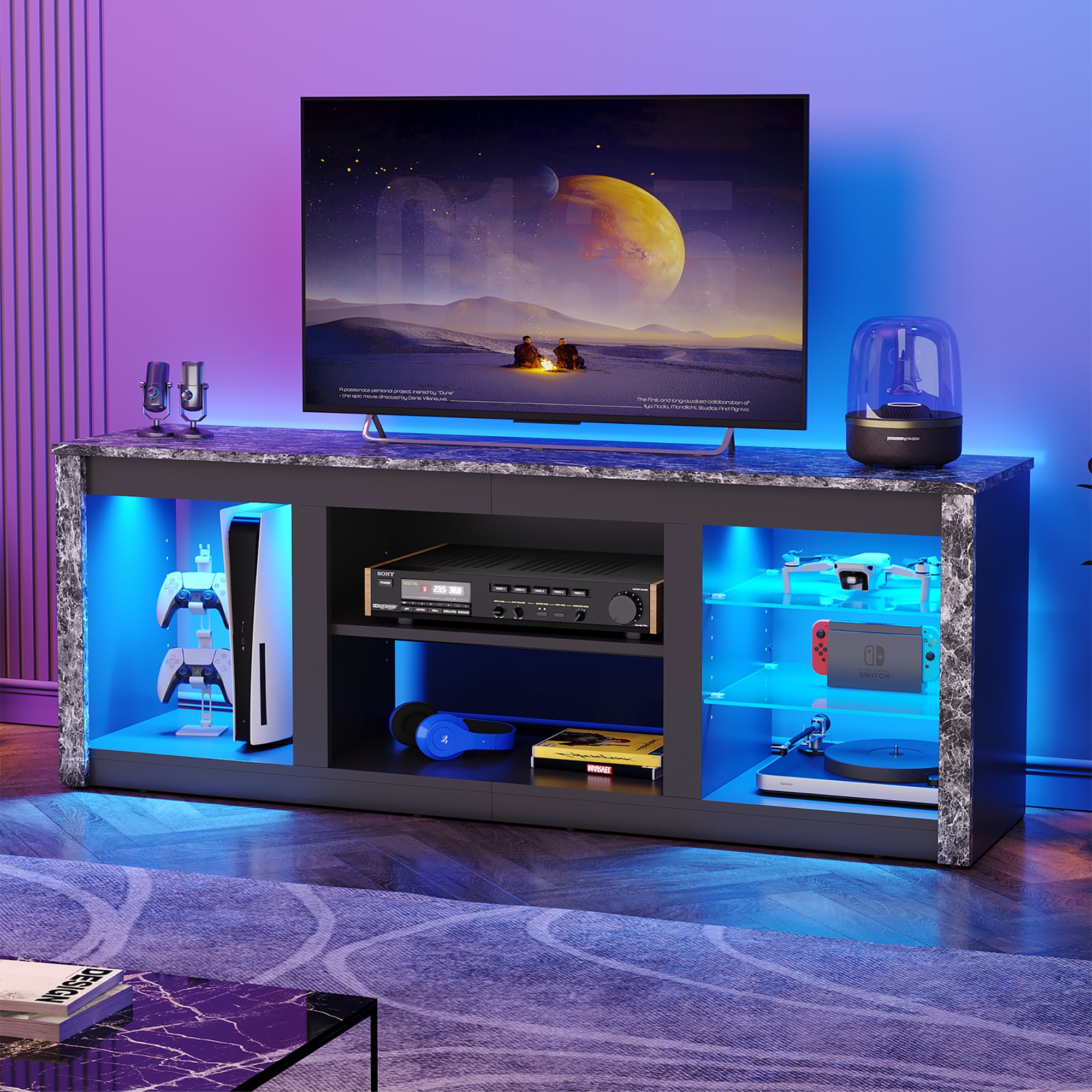 Bestier LED TV Stand for TVs up to 70", Entertainment Center with Storage Shelves, Black Marble