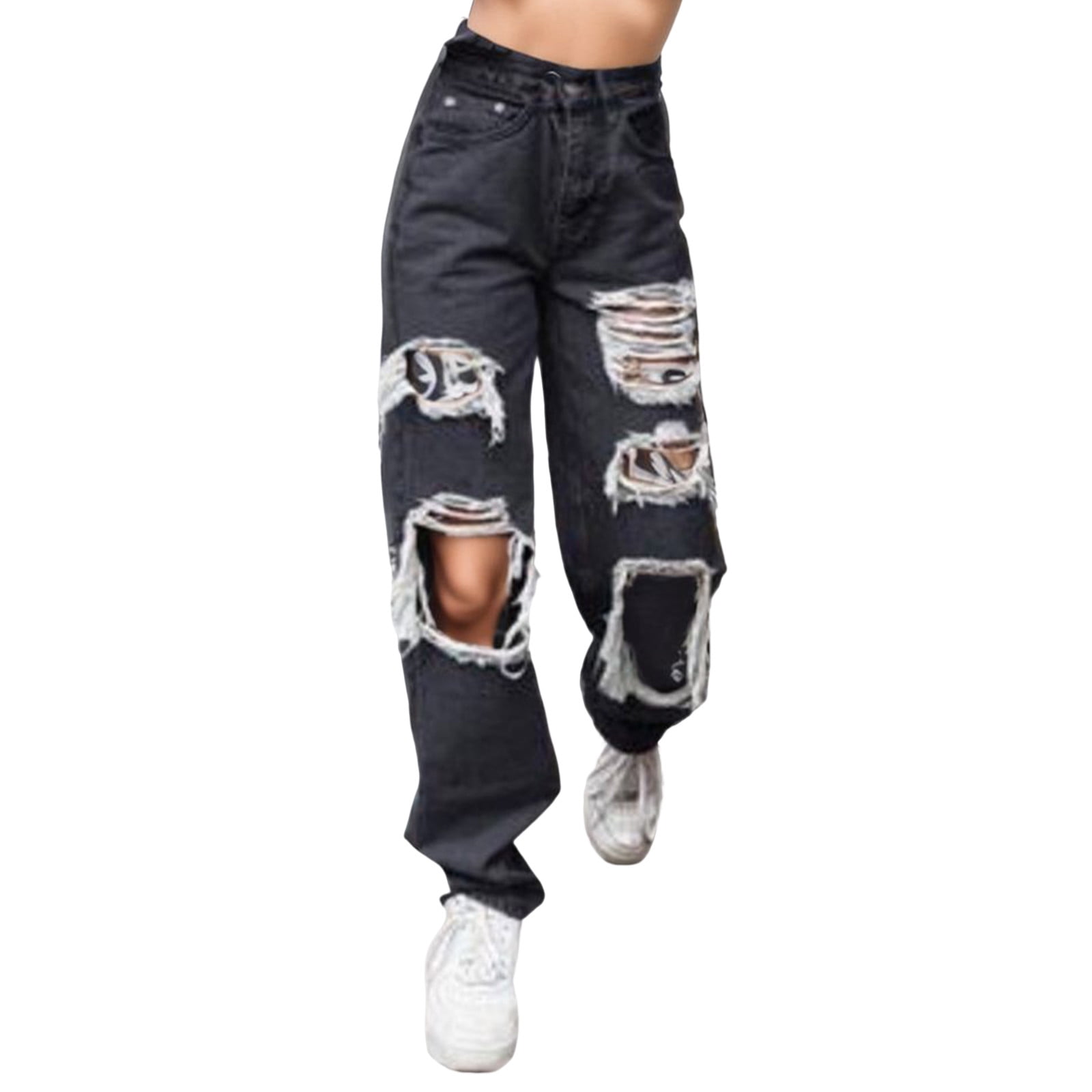 nsendm Female Pants Adult Jean 18 Denim Taille Elastique Pantalon Bouton Jeans Trou Haut Pants Poche Ample Femme Pants Femme plus Pants Noir TTTG Walmart