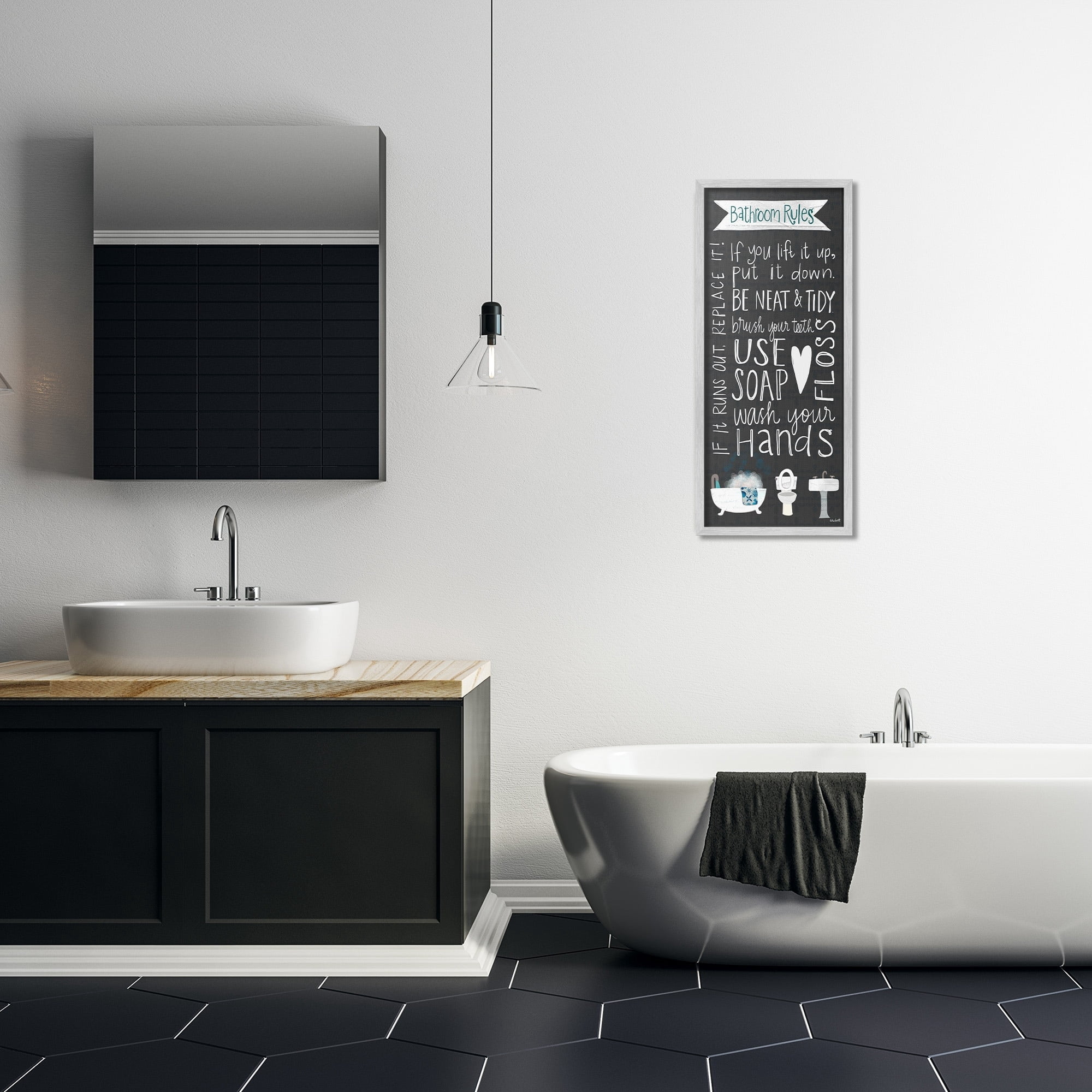 Stupell Industries Bathroom Rules Sign Whimsical Tub Toilet Sink, 13 x 30,Design by Katie Doucette