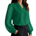 thumbnail image 2 of Kadlawus Women Loose Fit V Neck Long Sleeve Blouse Elegant Casual Sequins Pullover Tops for Daily Office Commute Dinner Party Wear, Green L, 2 of 9
