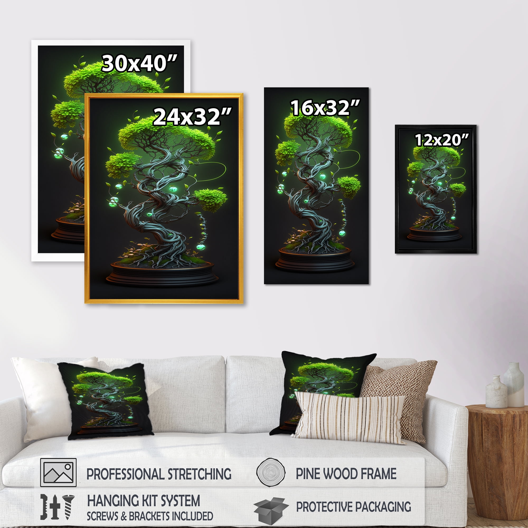 Designart Bonsai Swirl Tree Neon II Canvas Wall Art