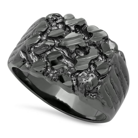 Men's Black Plated Chunky Nugget Ring Size 7,8,9,10,11,12,13,14,15,16 + Microfiber Jewelry Polishing Cloth