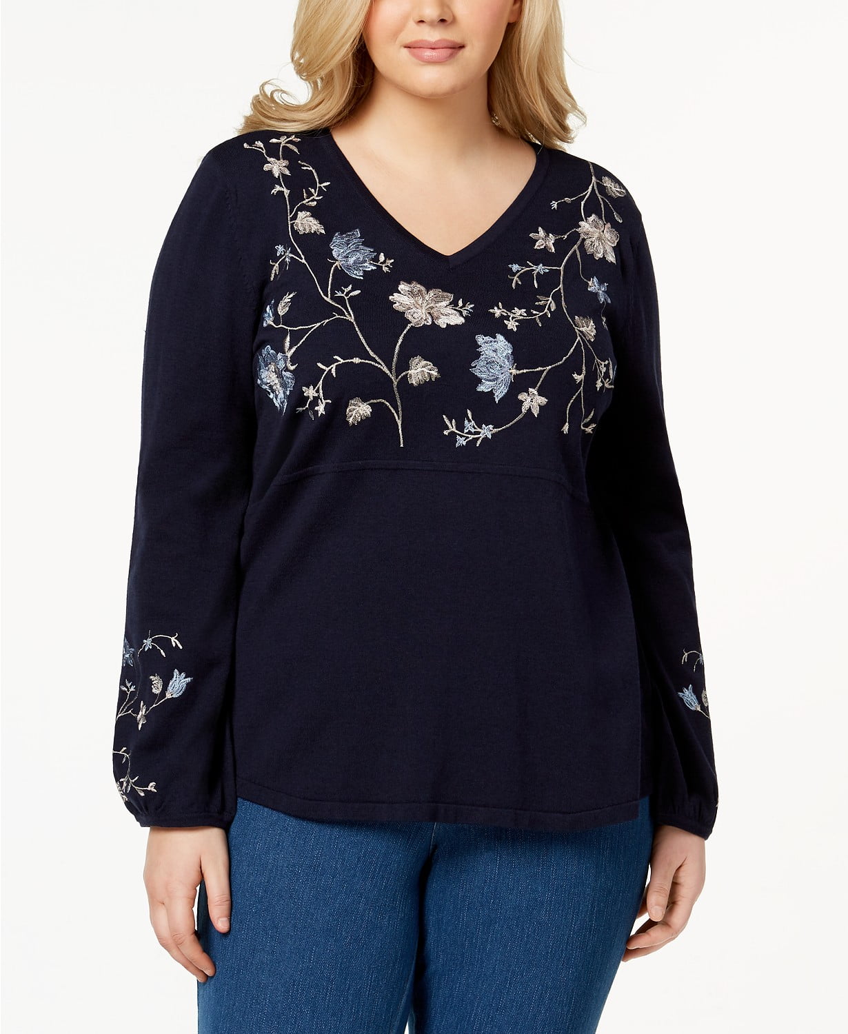 Style & Co Embroidered V Neck Peasant Top Plus Size 2X