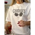 thumbnail image 1 of Women's Vintage Cherry Print T-Shirt, 100% Polyester Crew Neck Short Sleeve Top, Geometric Pattern Knit Fabric, Regular Length Summer Tee, 1 of 6