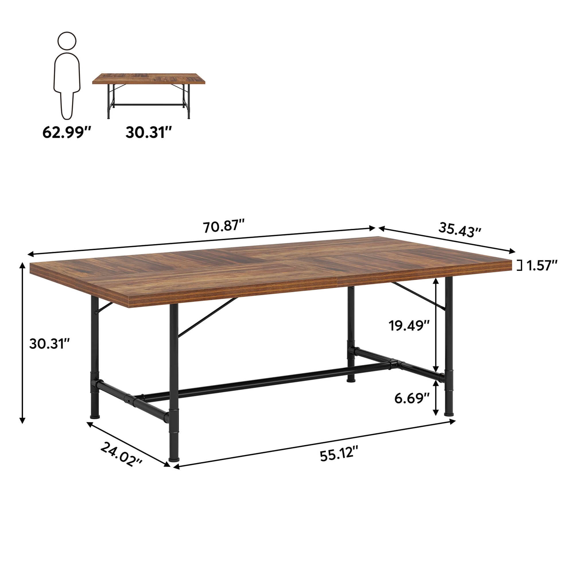 MAYEERTY 71" Industrial Rustic Dining Table, 6-8 Seater Thick MDF Top & Black Metal Frame Multiuse Kitchen Conference Table