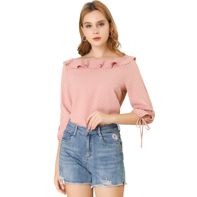 Allegra K Blusa de lunares de verano de media manga con cuello con volantes para mujer Rosa XL