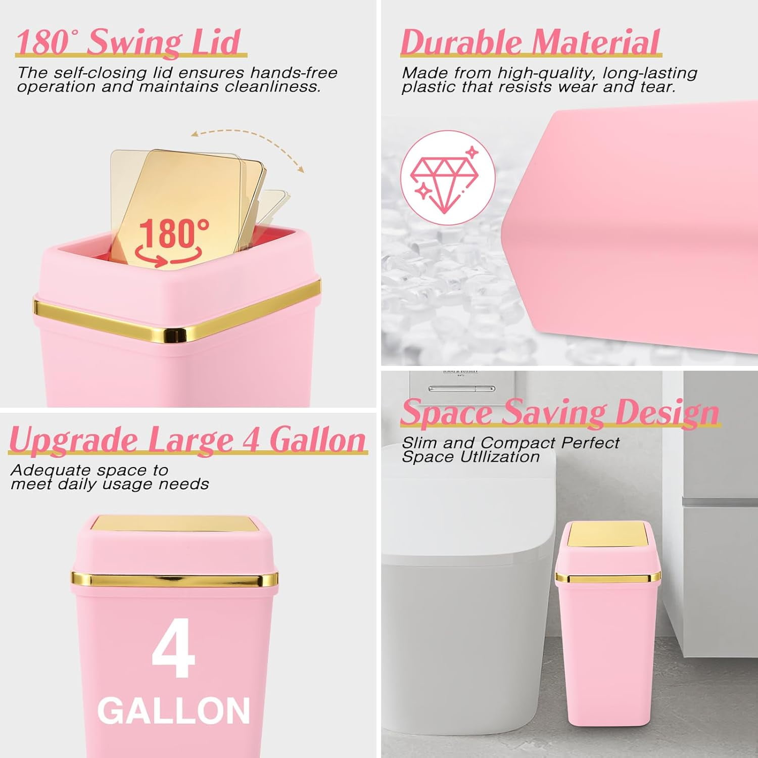 3 Pack 4 Gallon Bathroom Trash Can with Lid, Slim Small Garbage Bin for Kitchen Bedroom Office, White/Pink/Green