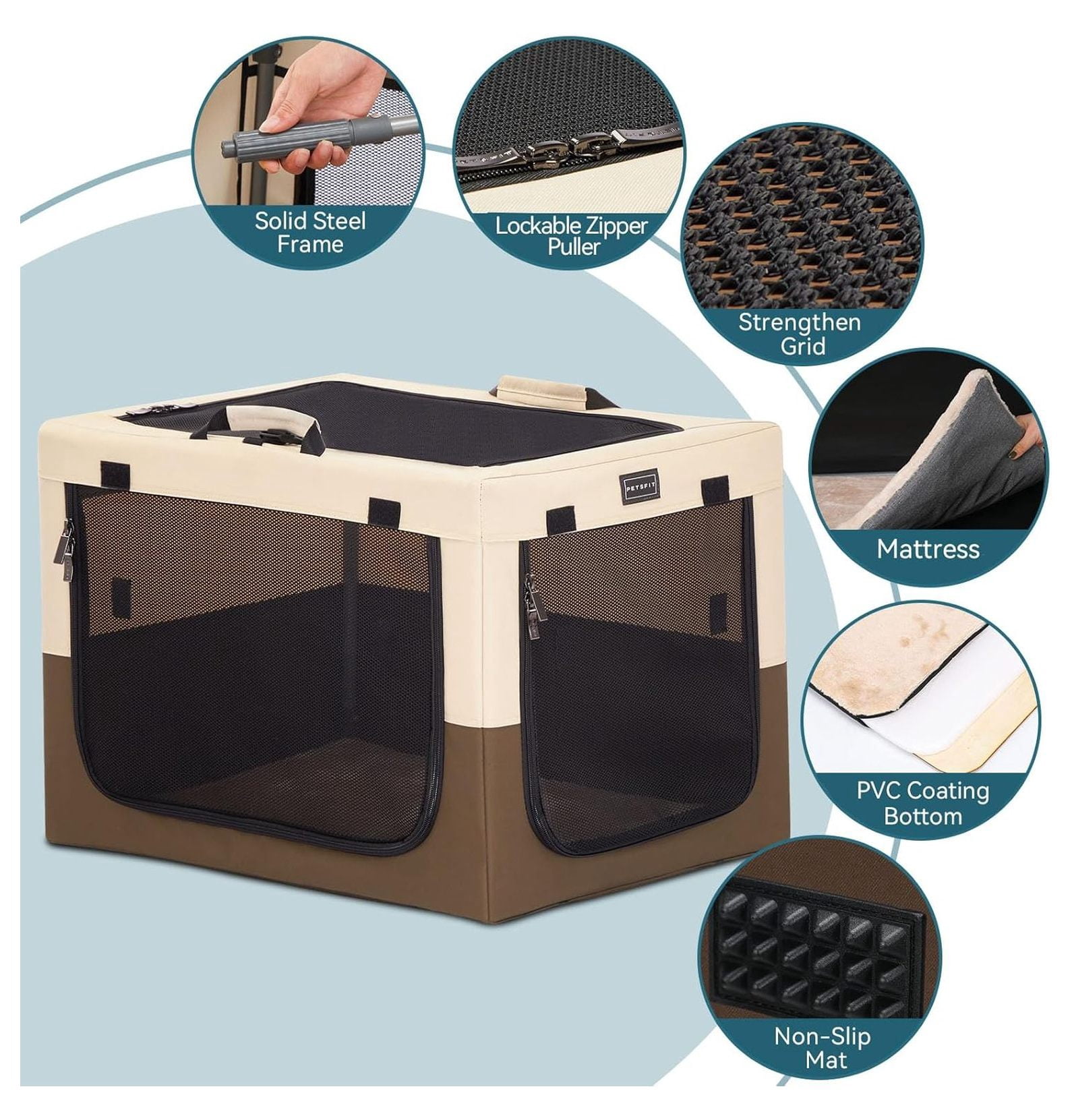 30" Indoor Soft Dog Crate – Adjustable Patented Spiral Steel Frame, Collapsible Portable Kennel for Home Use, Medium Dogs, 3 Lockable Mesh Door, Thicken Mat, Brown