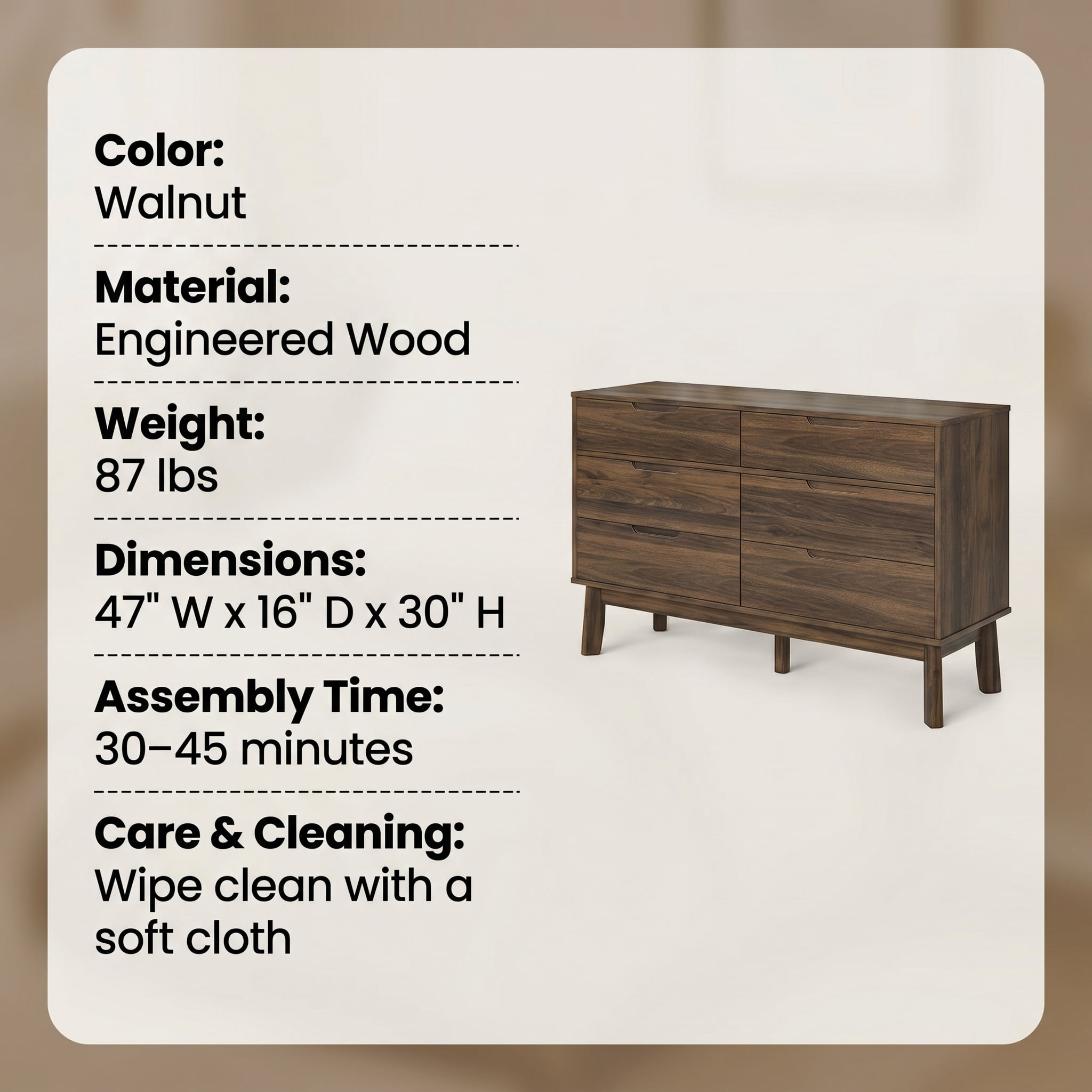 YAURA 47" Wide Walnut Dresser, Mid-Century Modern 6-Drawer Double Dresser, Dark Wood Horizontal Storage Chest for Bedroom