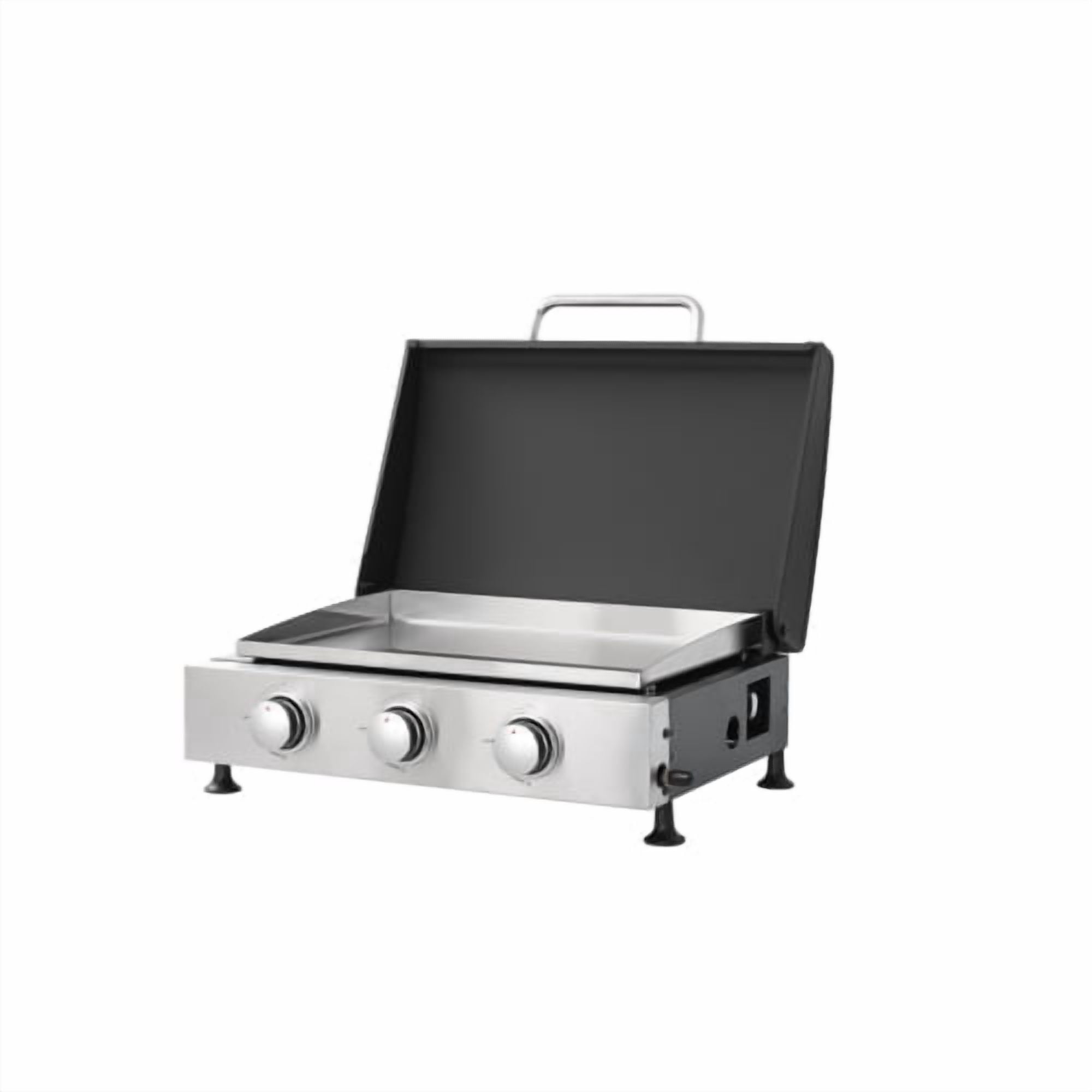 3-Burner Propane Gas Grill with Teppanyaki Combo Stainless Steel, 28680 BTU Outdoor BBQ Grill with Cast Iron Grids and Pull-Out Oil Pan for Backyard Patio Cooking, Black Silver