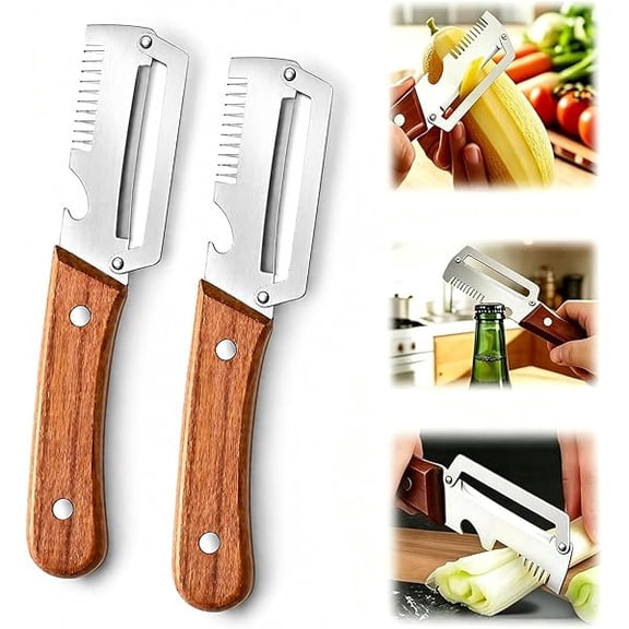 2 Pack Multifunctional Vegetable Peeler, 3 in 1 Kitchen Vegetable Peeler with Wooden Handle, Grater & Bottle Opener & Peelers for Kitchen for Potato, Carrot, Apple, Fruit & Vegetable