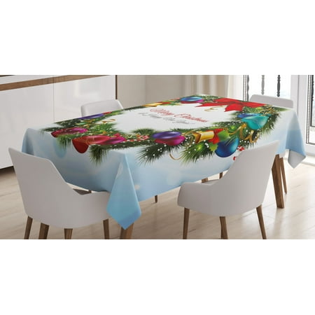 

Christmas Tablecloth Round Green Wreath with Vibrant Traditional Elements Festive Happy New Year Art Rectangular Table Cover for Dining Room Kitchen 52 X 70 Inches Multicolor by Ambesonne