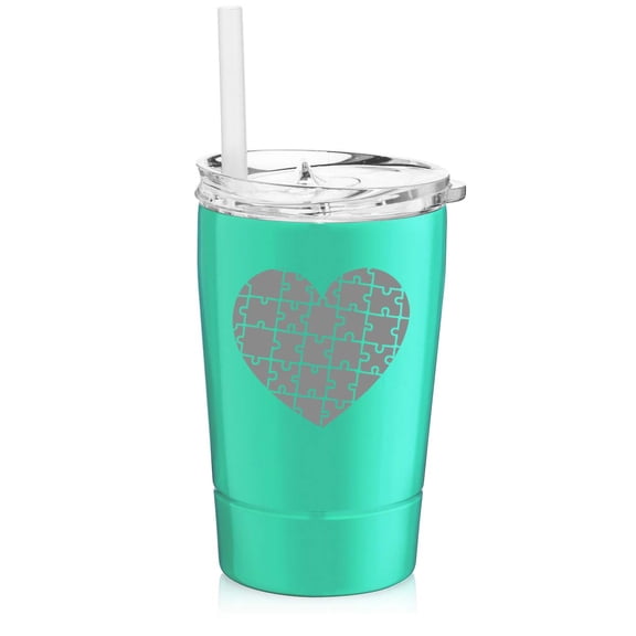 12 oz Tumbler Double Wall Stainless Steel Vacuum Insulated Coffee Travel Mug With Straw Heart Puzzle Autism (Light Blue)
