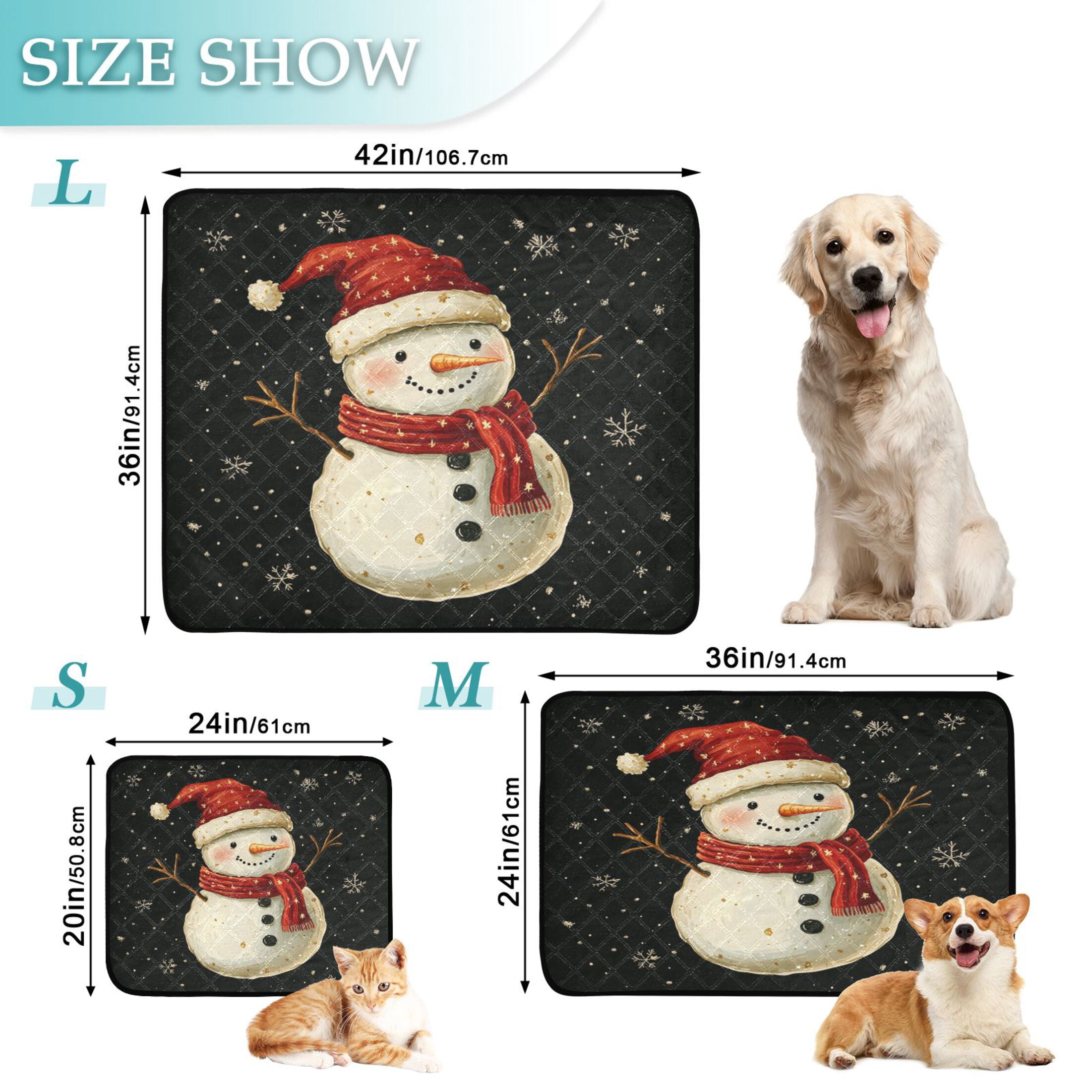 Qxltty Snowman Wearing Red Hat on Black Background Cat litter Pads Pet Set of 3 Diaper Mats Center Anti-leakage Layer Absorbent Soft and Comfortable